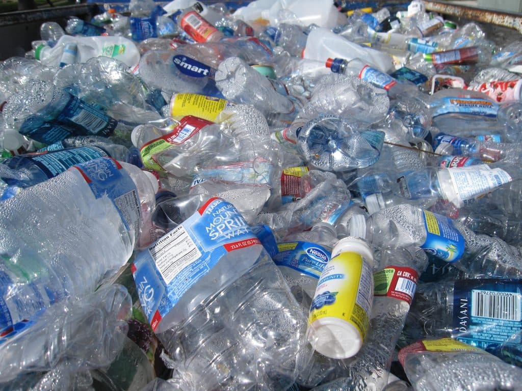 blue labeled plastic bottles