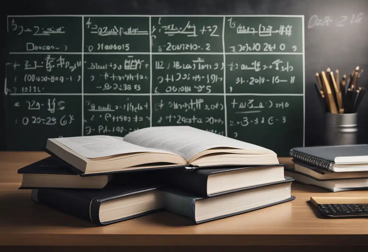 A chalkboard filled with equations, graphs, and formulas. A stack of textbooks and lesson plans on a desk. A calendar marked with important dates and deadlines