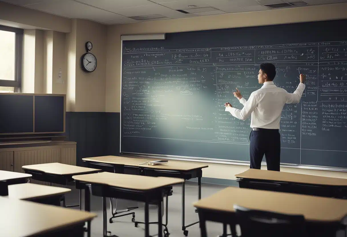A classroom with a whiteboard filled with mathematical equations, textbooks scattered on desks, and a teacher pointing to a graph on a projector screen