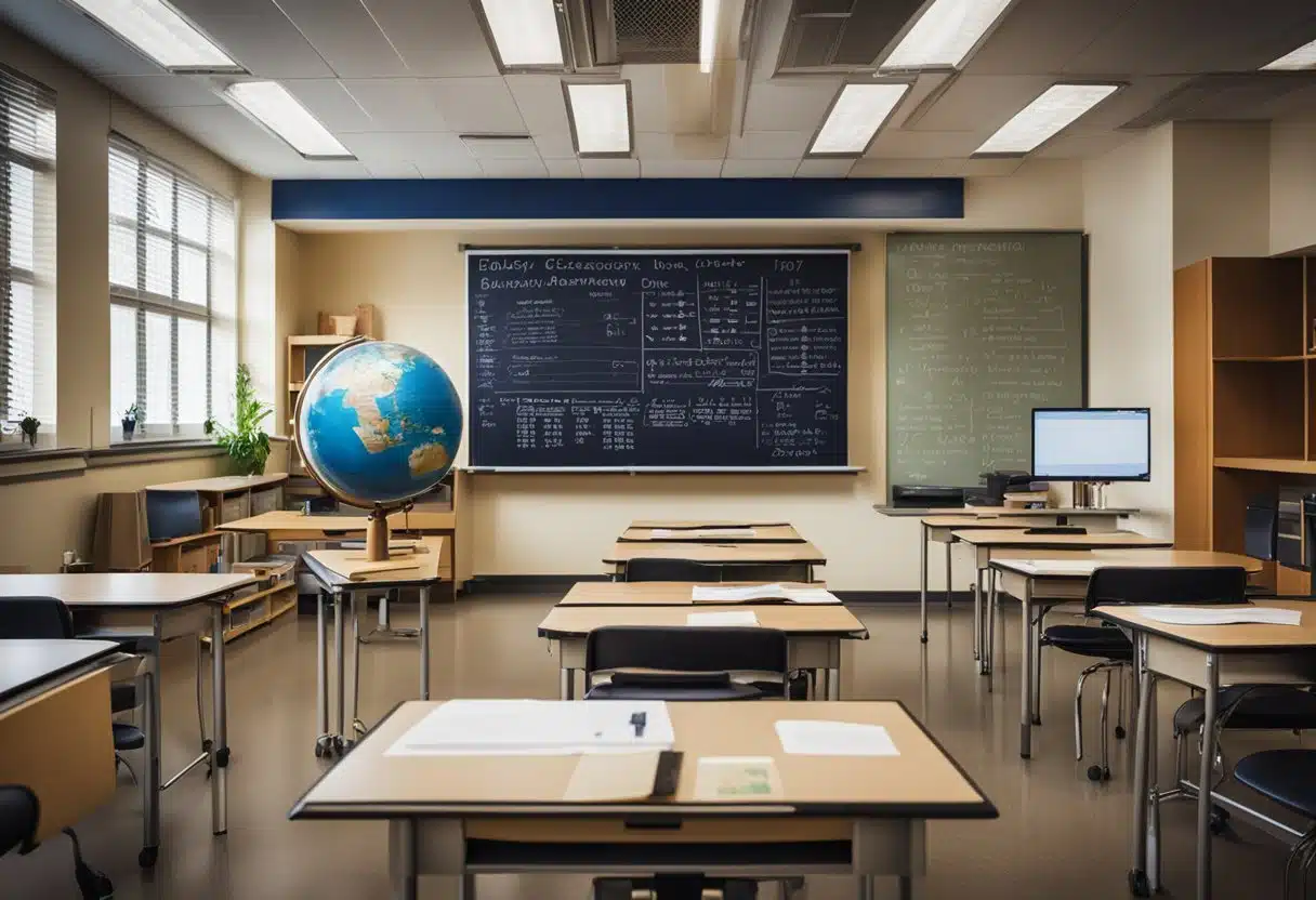 A classroom with biology posters, math equations on the board, and a globe for geography. Science tools and art supplies are scattered on desks