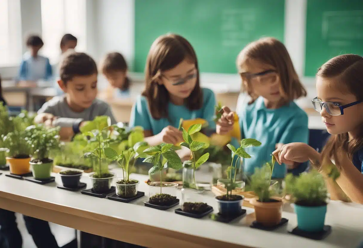 A classroom with colorful posters, books, and science tools. Children engage in hands-on experiments, learning about plants, animals, and the environment