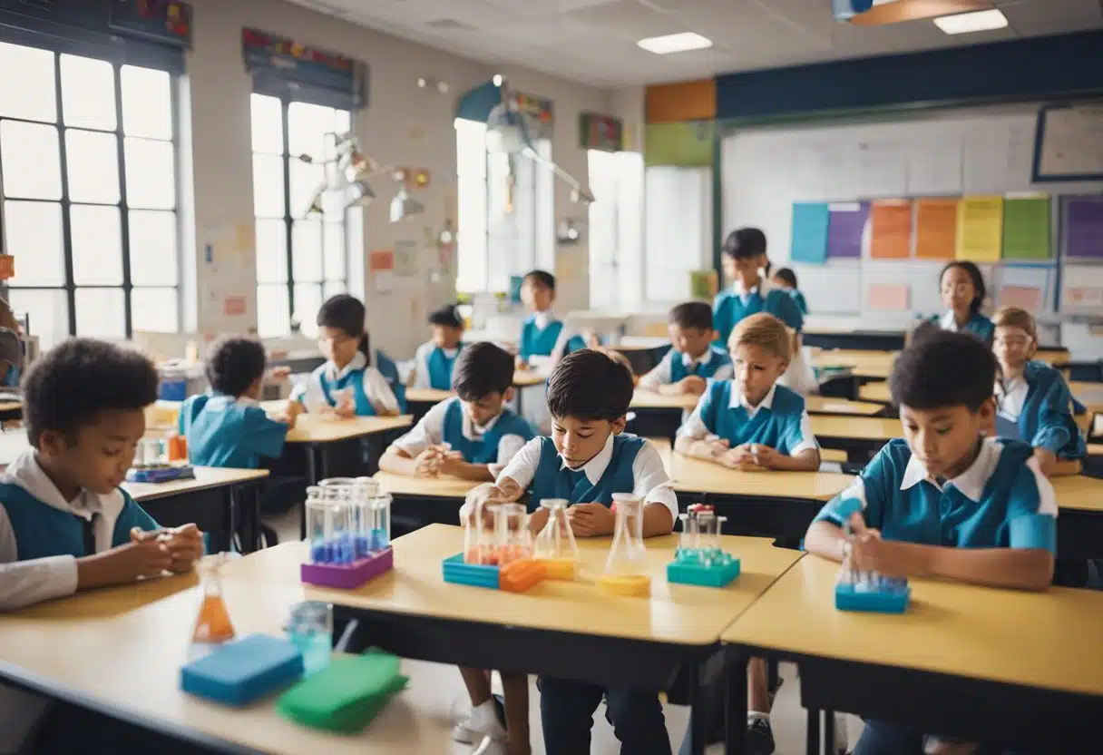 A classroom with young students engaged in hands-on science experiments, surrounded by colorful posters and educational materials