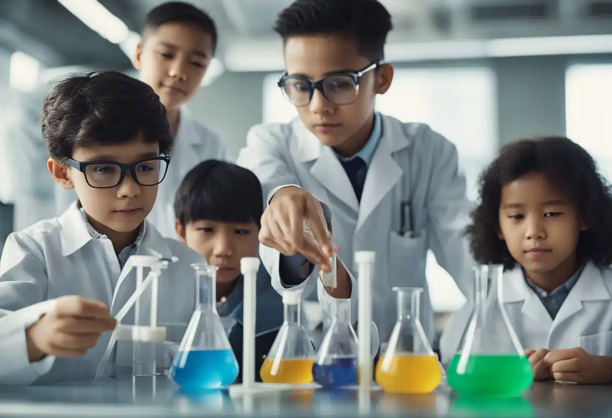 A group of children are conducting various scientific experiments, such as mixing chemicals and observing reactions, under the guidance of their teacher