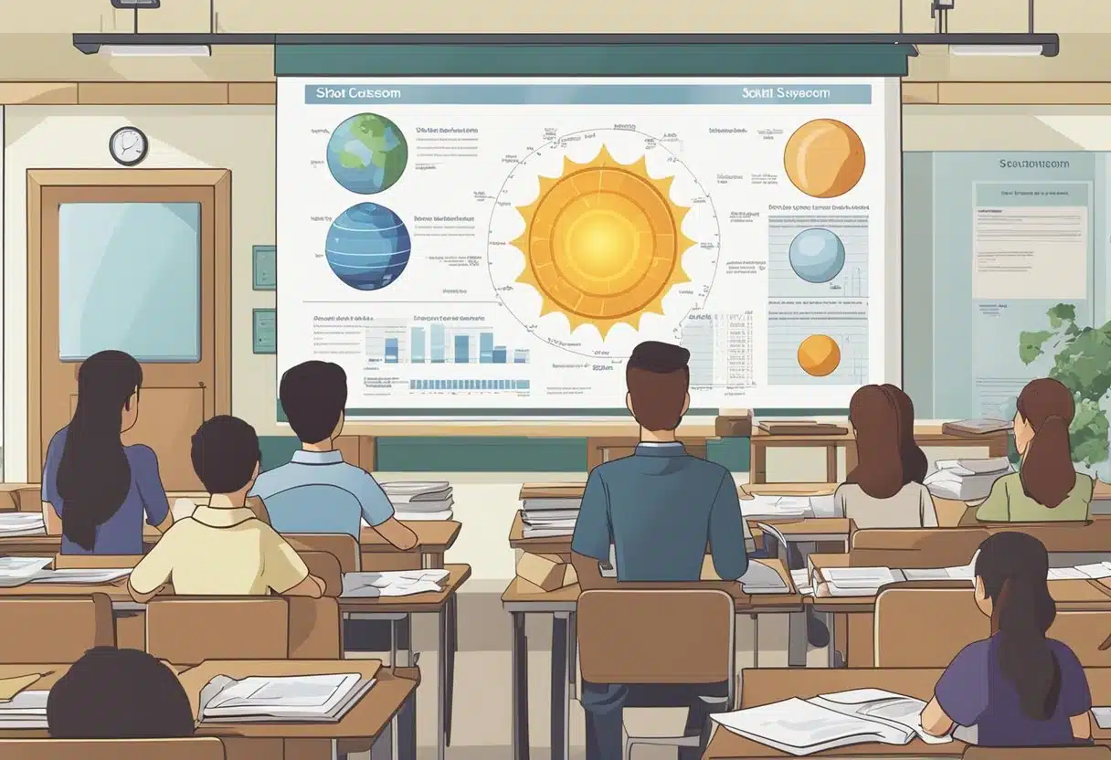 In a classroom, science textbooks and charts are displayed. A teacher points to a diagram of the solar system while students listen attentively