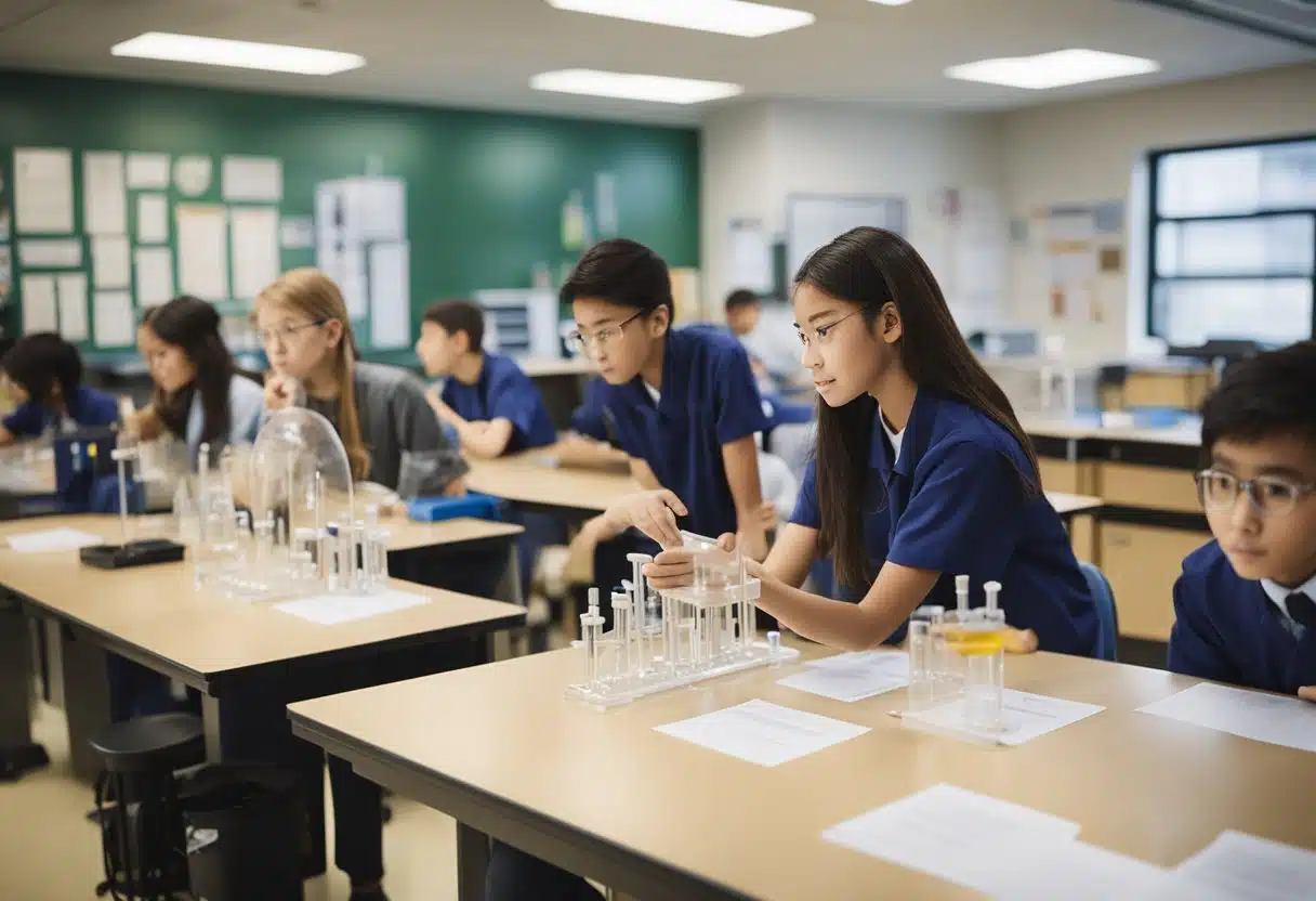 A classroom with science posters, lab equipment, and students engaged in hands-on experiments