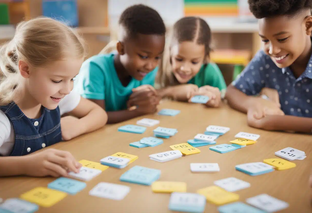 Children learning spelling rules, using colorful flashcards and interactive games in a bright, welcoming classroom setting