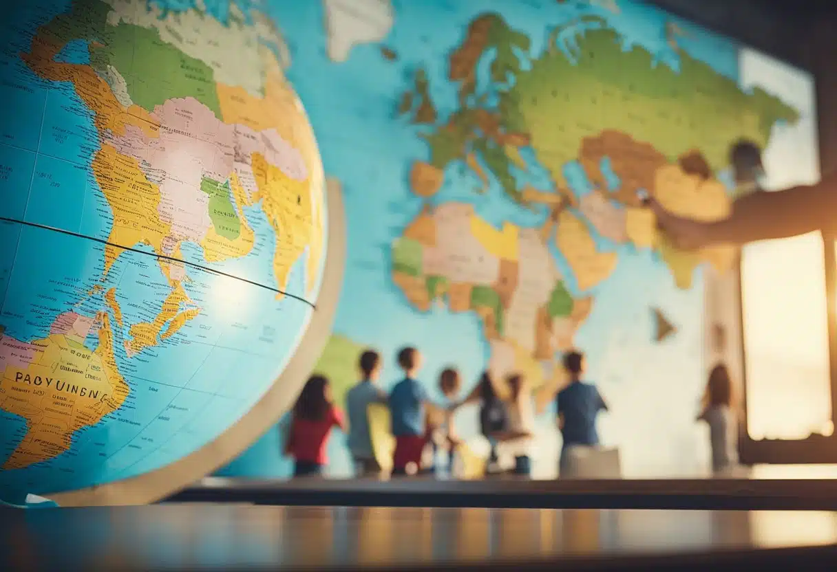 A colorful map of the world hangs on the wall, surrounded by images of different landscapes and animals. A globe sits on a table, with children gathered around, pointing and asking questions