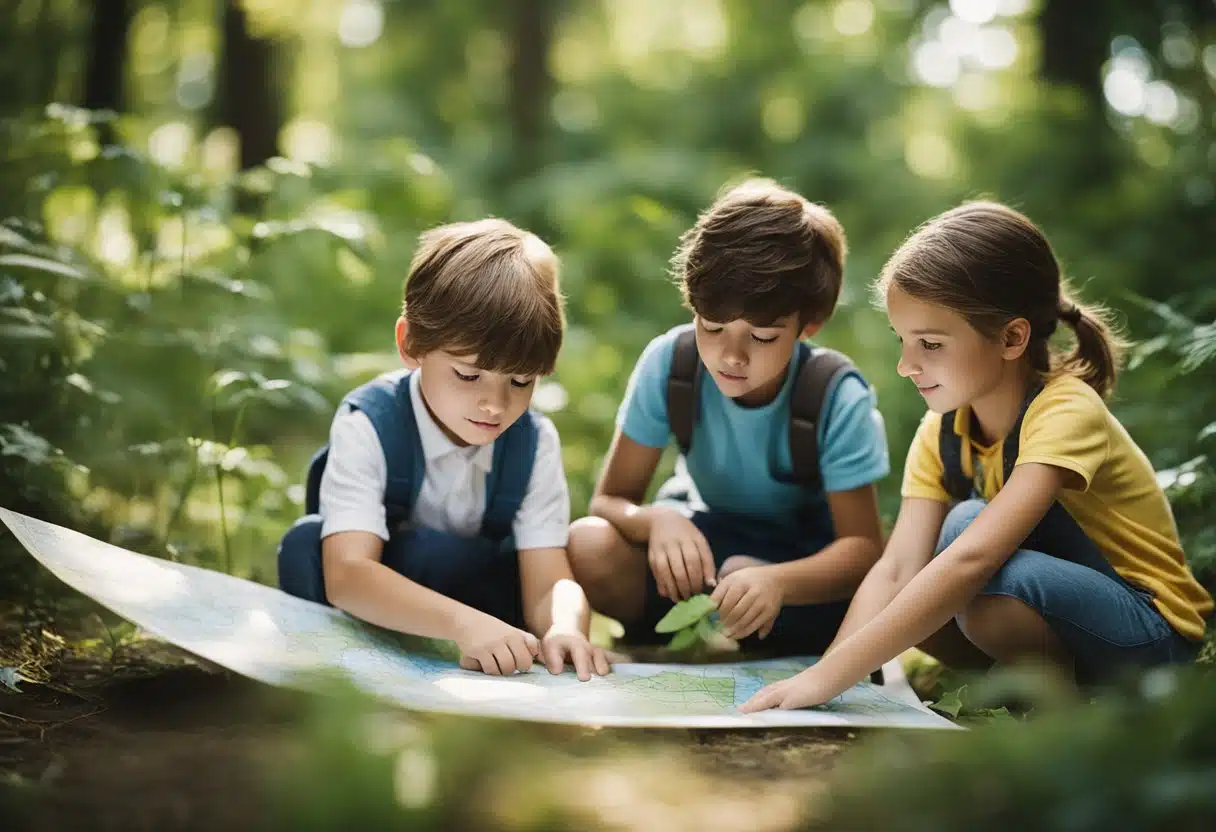A group of young children explore maps, globes, and natural materials to learn about different landscapes and environments in an interactive and hands-on way
