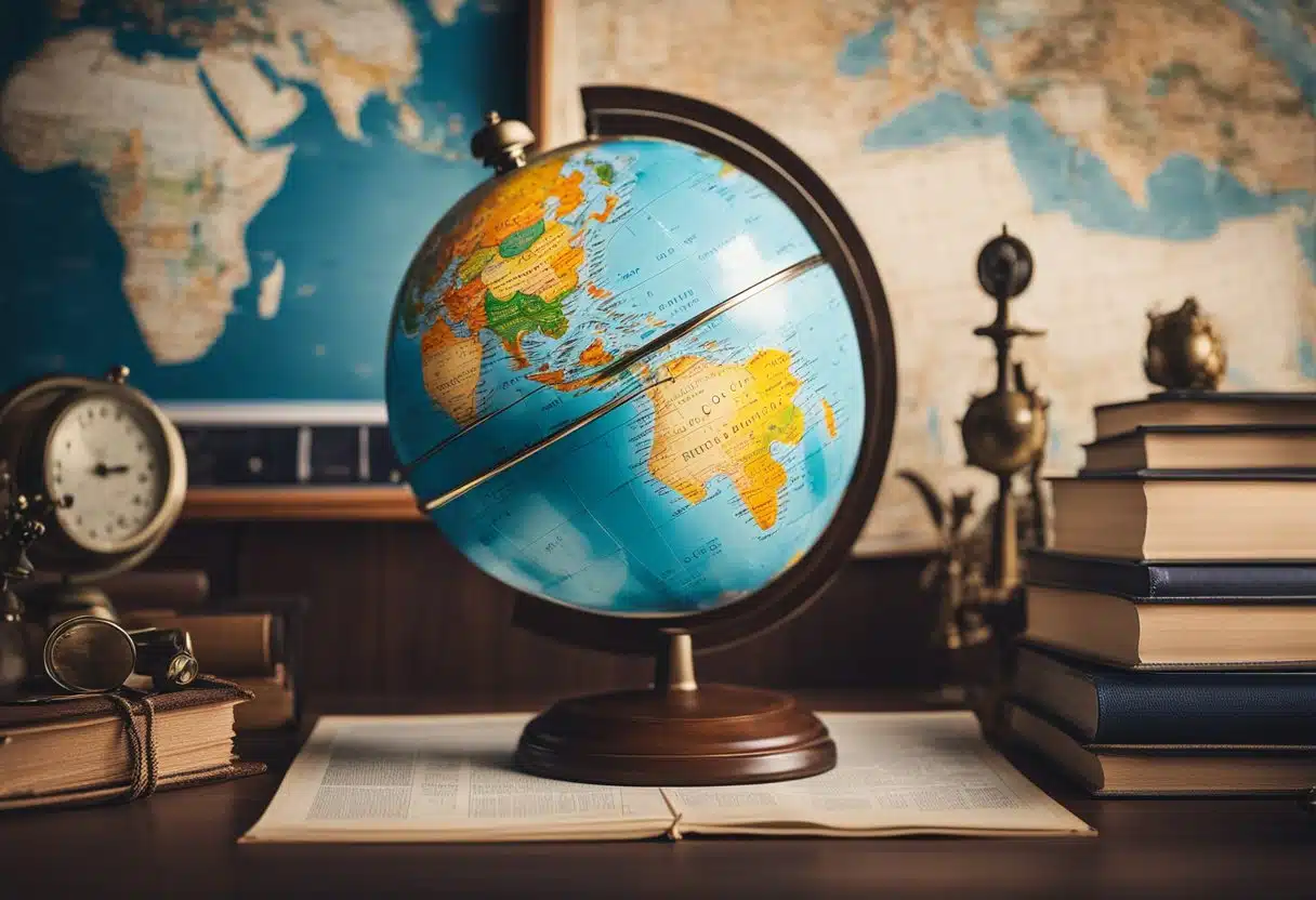 A colorful globe sits on a desk surrounded by maps, compasses, and books. A world map hangs on the wall, displaying different continents and oceans