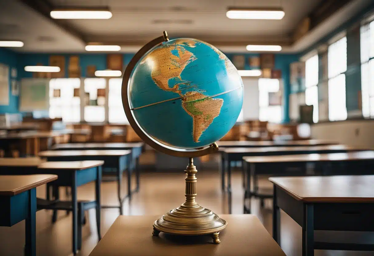 A classroom with diverse cultural symbols on the walls, including artifacts and images from different historical periods. A globe and books on different cultures are displayed prominently