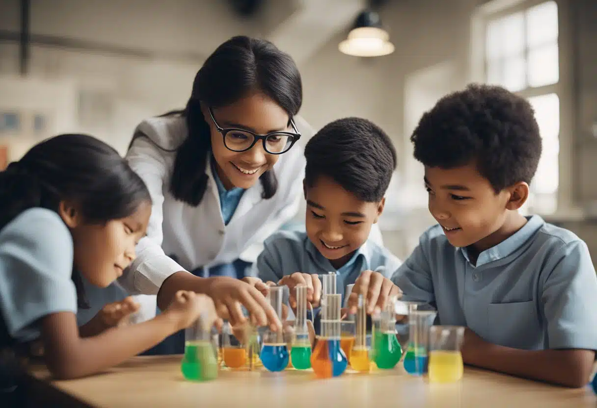 A group of young children gathered around a teacher, exploring basic scientific concepts through hands-on activities and experiments