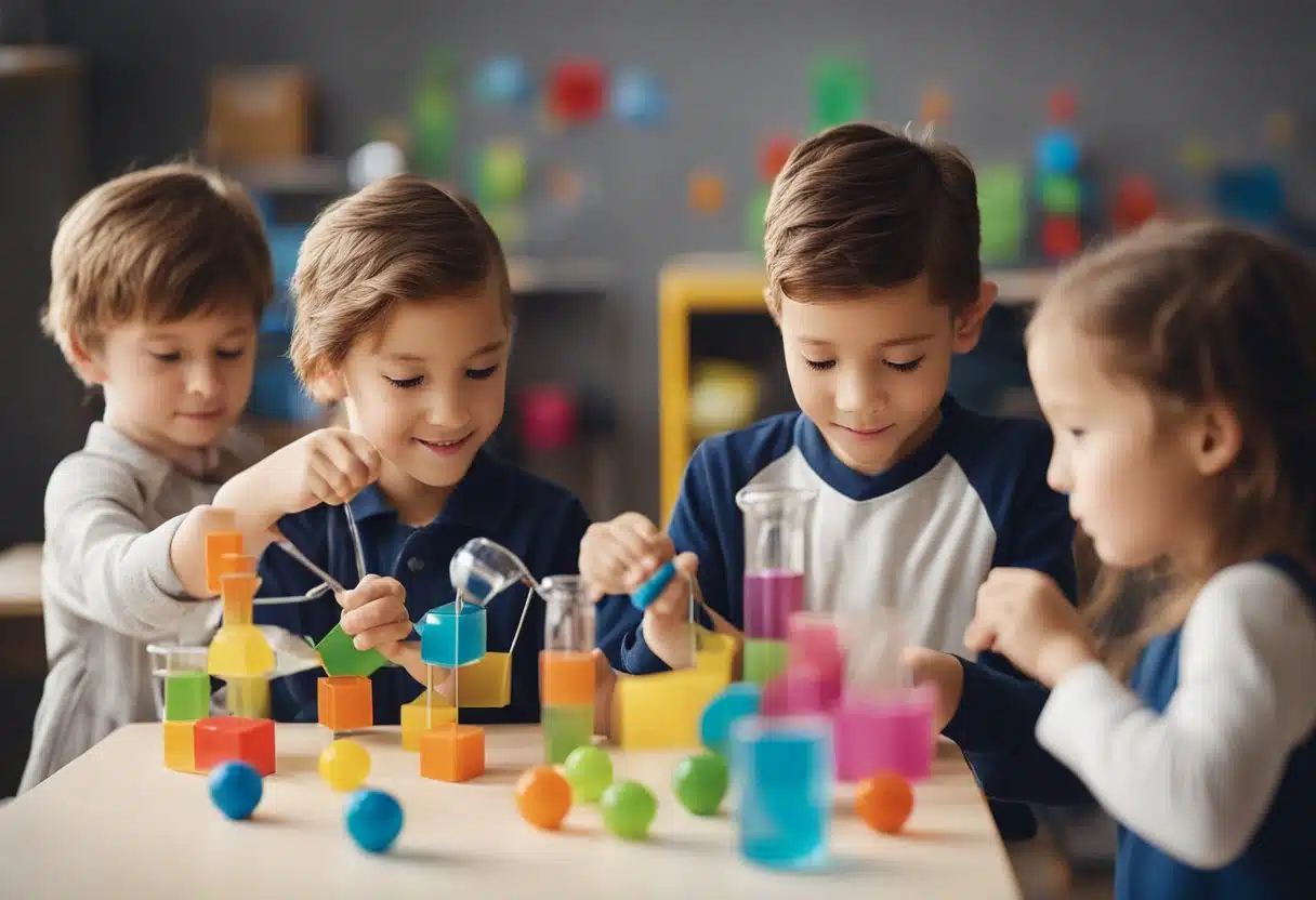 A group of young children engage in hands-on activities, exploring various scientific concepts such as colors, shapes, and simple experiments