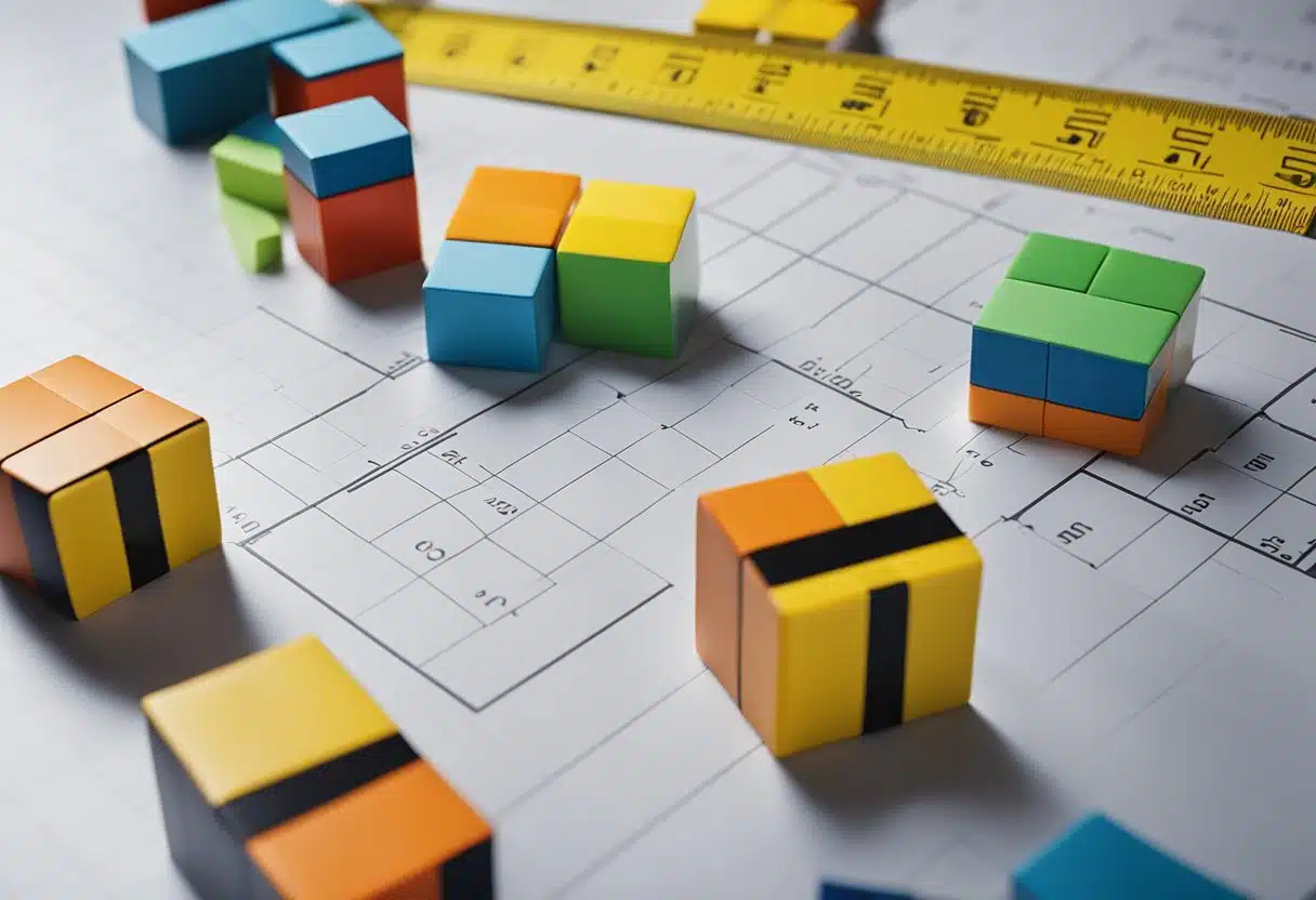 A group of colorful blocks and shapes scattered on a table with a ruler and measuring tape nearby