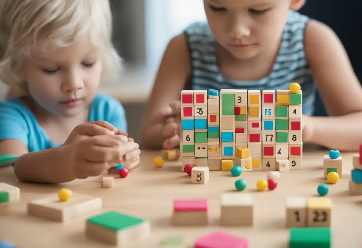 Children counting objects, drawing shapes, and learning basic addition and subtraction. Blocks, counting beads, and number flashcards are used for hands-on learning