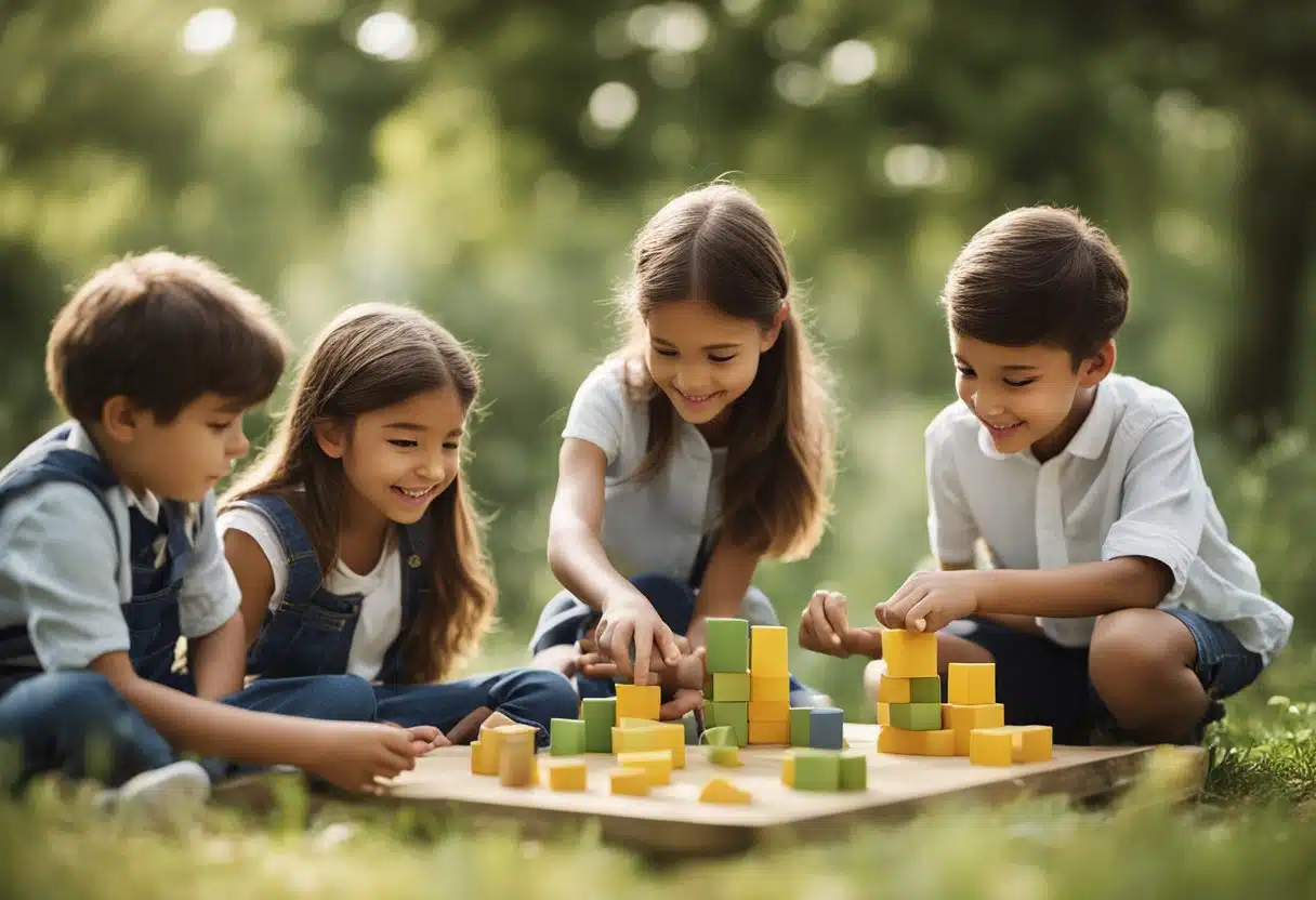 A group of children sit around a table, exploring shapes and patterns in nature. They use counting and measurement to describe the sizes and quantities of objects