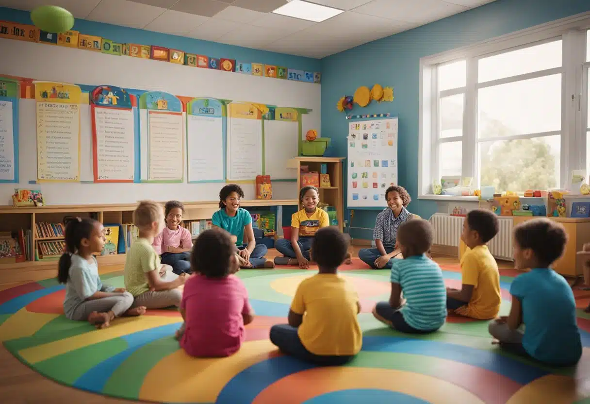 Children sit in a circle, listening to a teacher read a colorful storybook. Alphabet letters and sight words decorate the walls