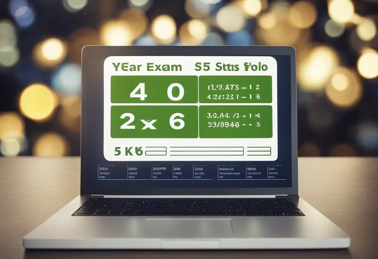 A computer screen displaying a Year Six SATs exam online, with a timer counting down and multiple-choice questions on the screen