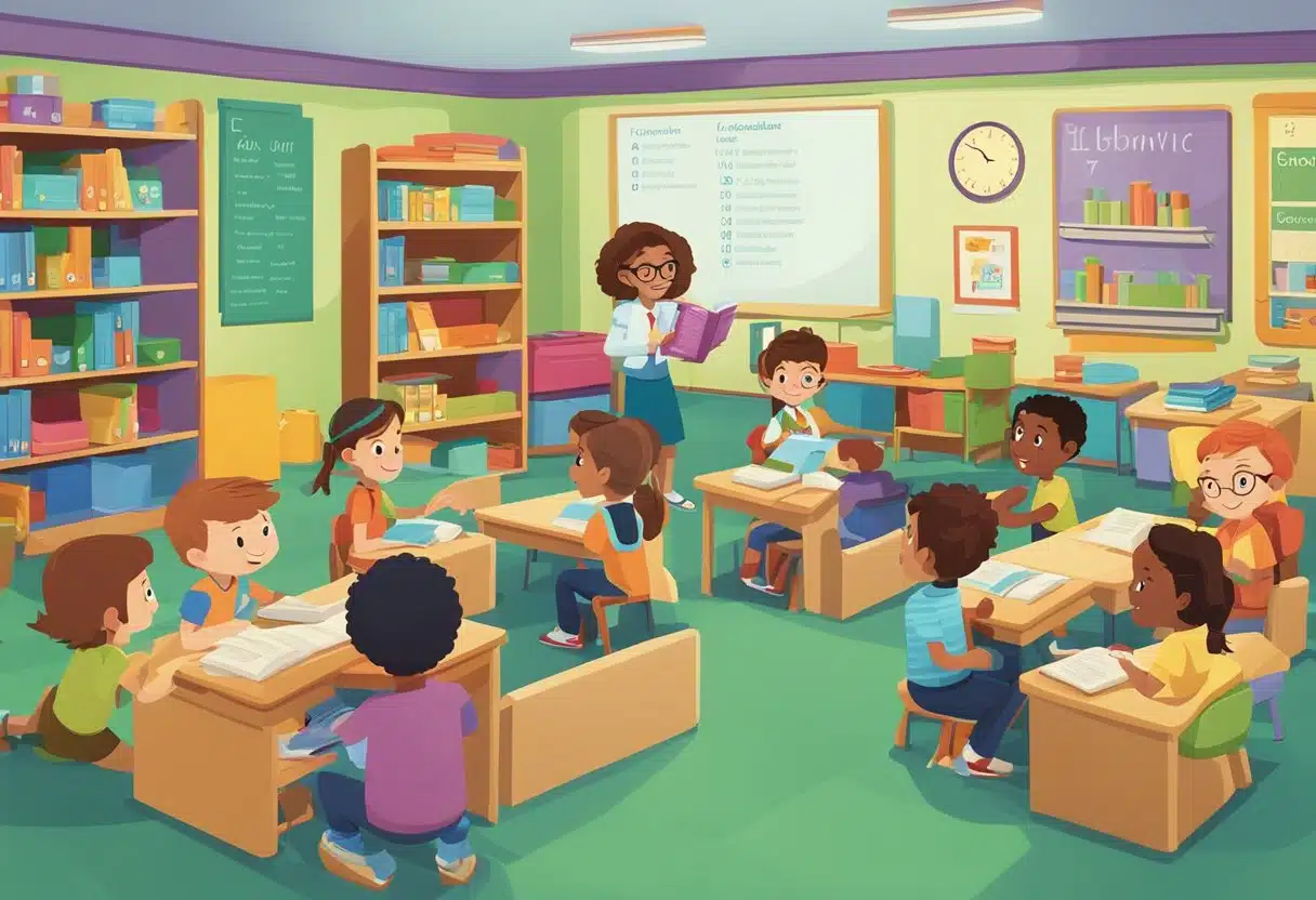 A colorful classroom with alphabet posters, storybooks, and interactive reading corners. A teacher leads a group of young students in a literacy activity