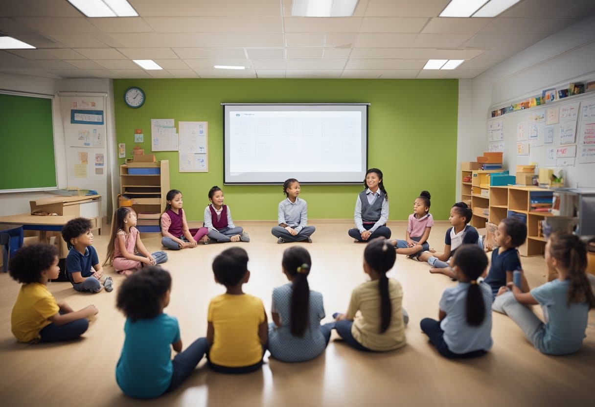 Children sit in a circle, listening to the teacher. A whiteboard displays letters and simple words. Books and flashcards are scattered around the room