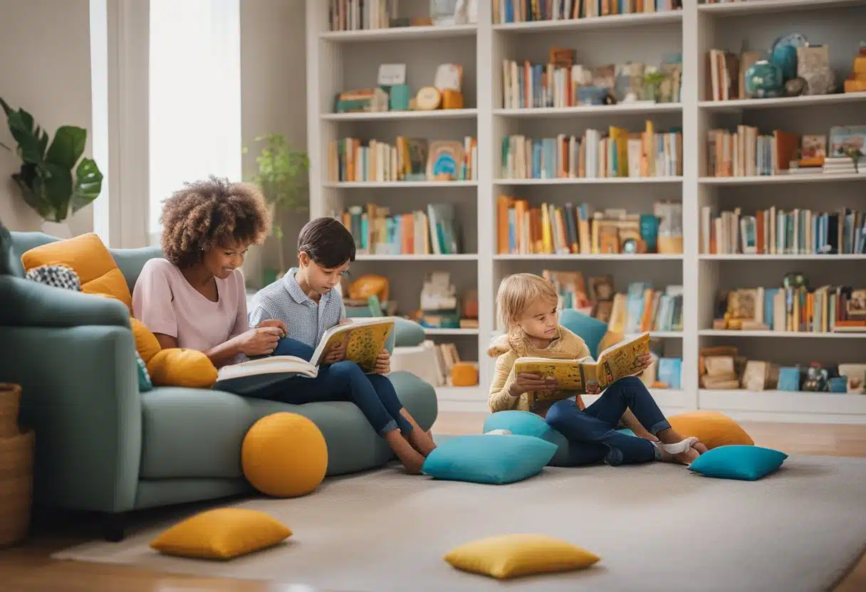 A cozy living room with a bookshelf full of colorful children's books, a small table with alphabet flashcards, and a family sitting together reading