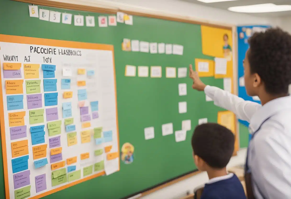 A classroom with colorful alphabet posters, storybooks, and word flashcards. A teacher pointing to a whiteboard with phonics and sight words