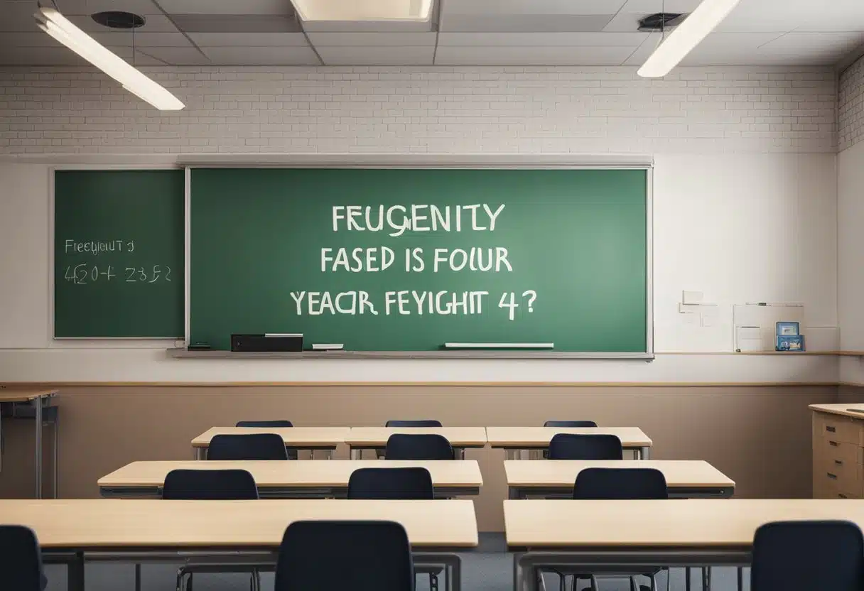 A classroom with a whiteboard displaying "Frequently Asked Questions: What English Is Taught In Year Four?" on the wall
