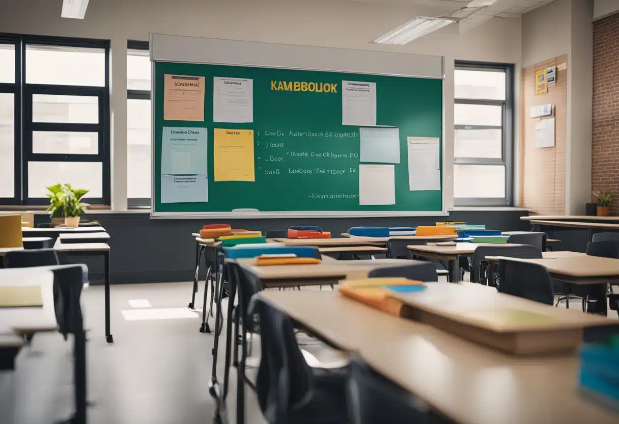 A classroom with colorful posters and a whiteboard. Textbooks and worksheets scattered on desks. A teacher pointing to a chart on the wall