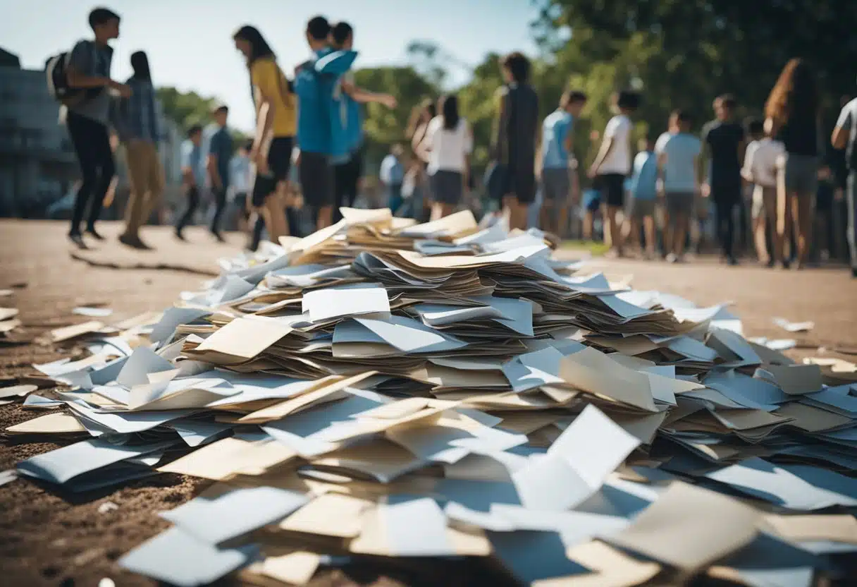 A pile of discarded SATs papers surrounded by relieved students playing outside