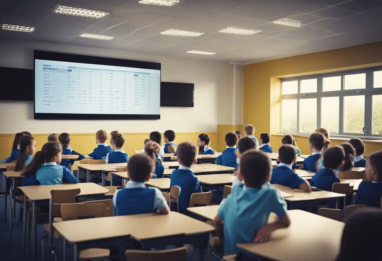 A classroom with Year Six students eagerly awaiting their KS2 Maths SATs results, with a large digital display showing the pass mark for the exam