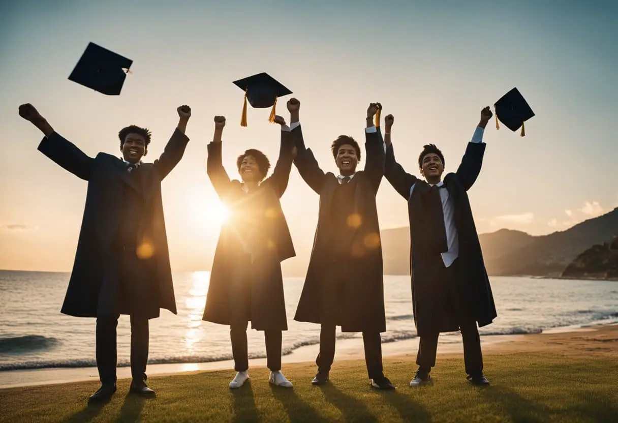 A group of graduates stand in a line, throwing their caps in the air with joy. The sun sets behind them, casting a warm glow on the scene