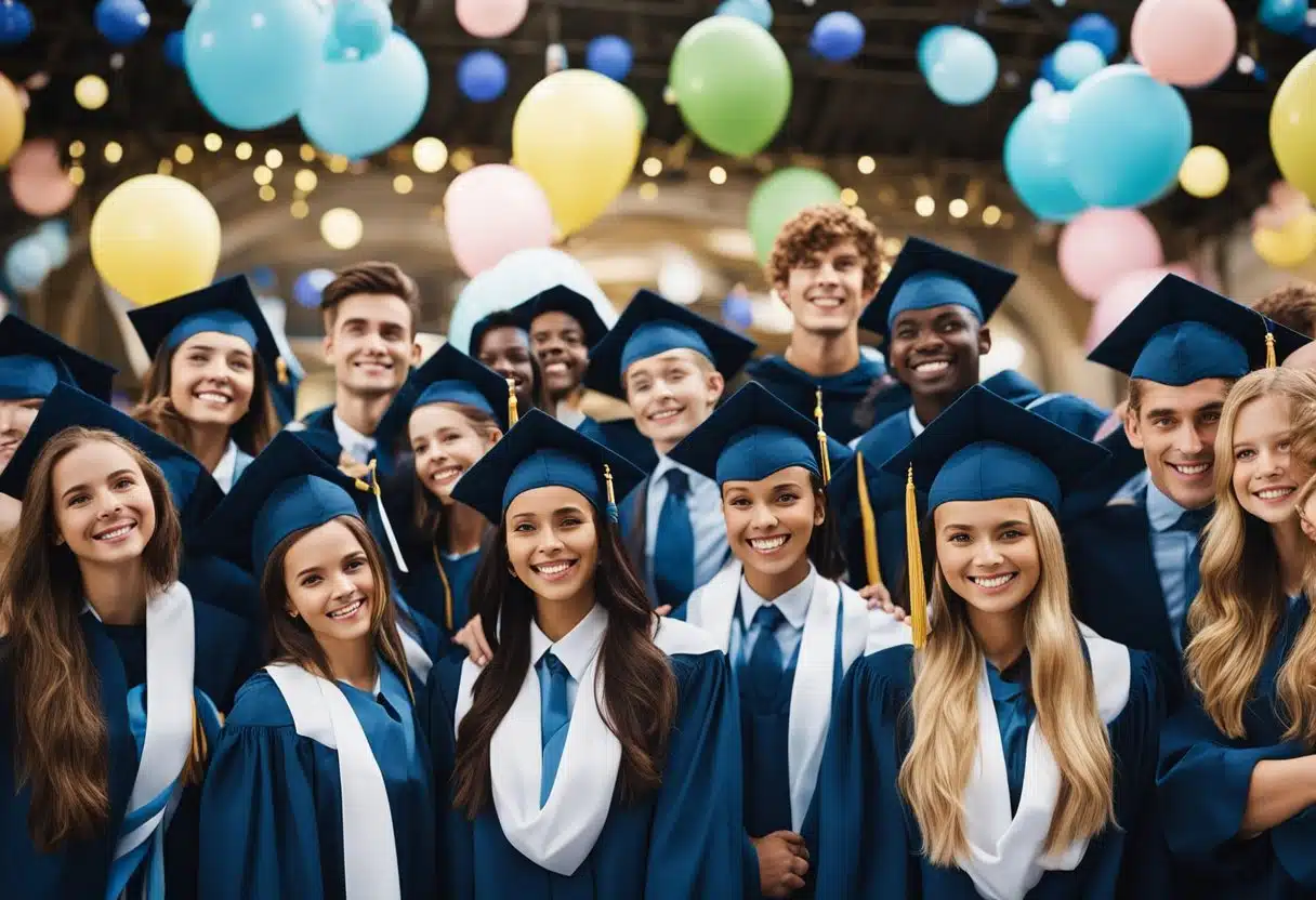 A group of graduates celebrating their achievements at a ceremony, surrounded by proud family and friends, with a backdrop of festive decorations and a banner displaying "Frequently Asked Questions Sixth Form Graduation: Yearbook Ideas"