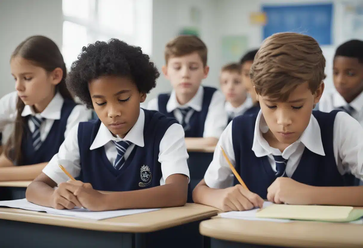 A group of Year Six students sit silently at their desks, pencils poised over their SATs papers. A clock on the wall ticks away the minutes as they concentrate on the challenging questions before them