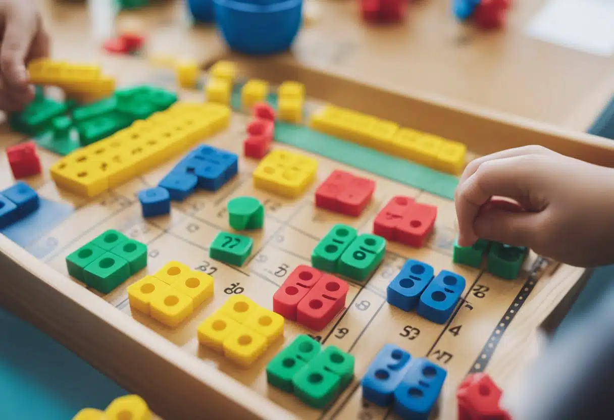 Children solving addition and subtraction problems using colorful manipulatives and number lines in a bright, organized classroom