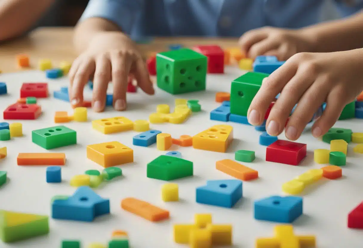 A colorful classroom with math manipulatives and visual aids. Children engaged in hands-on activities, exploring numbers and shapes. A teacher guiding small group instruction, fostering curiosity and problem-solving