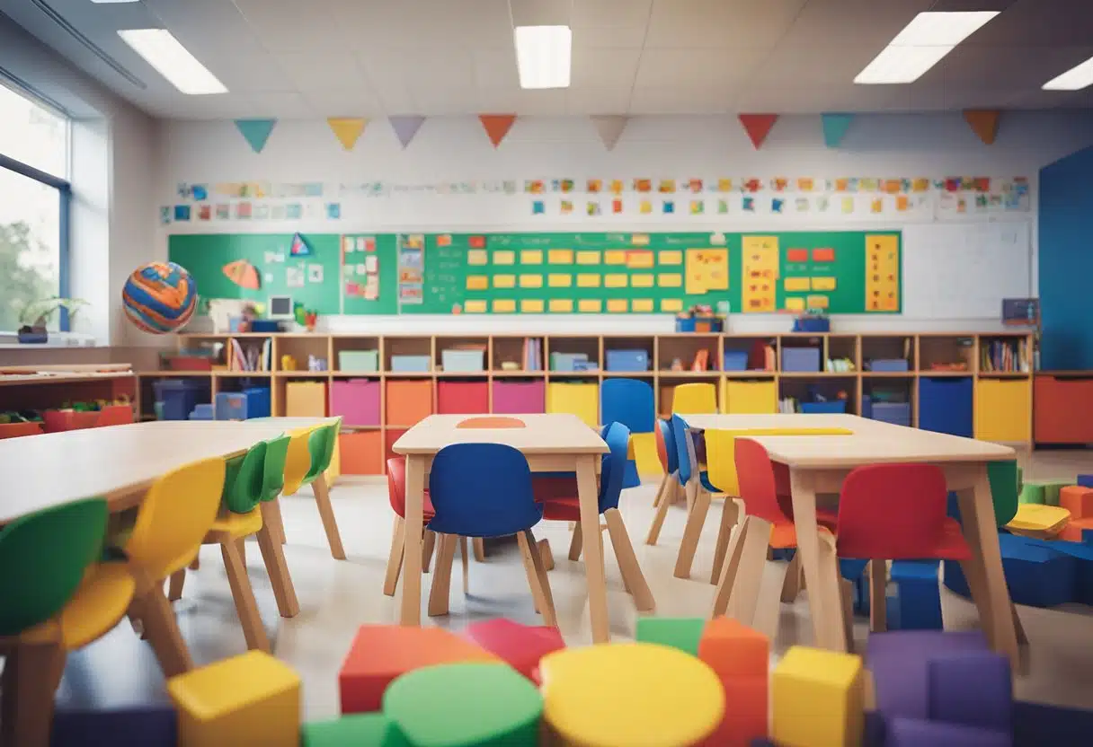A colorful classroom with math manipulatives and interactive resources. Children are engaged in hands-on activities, exploring numbers and shapes