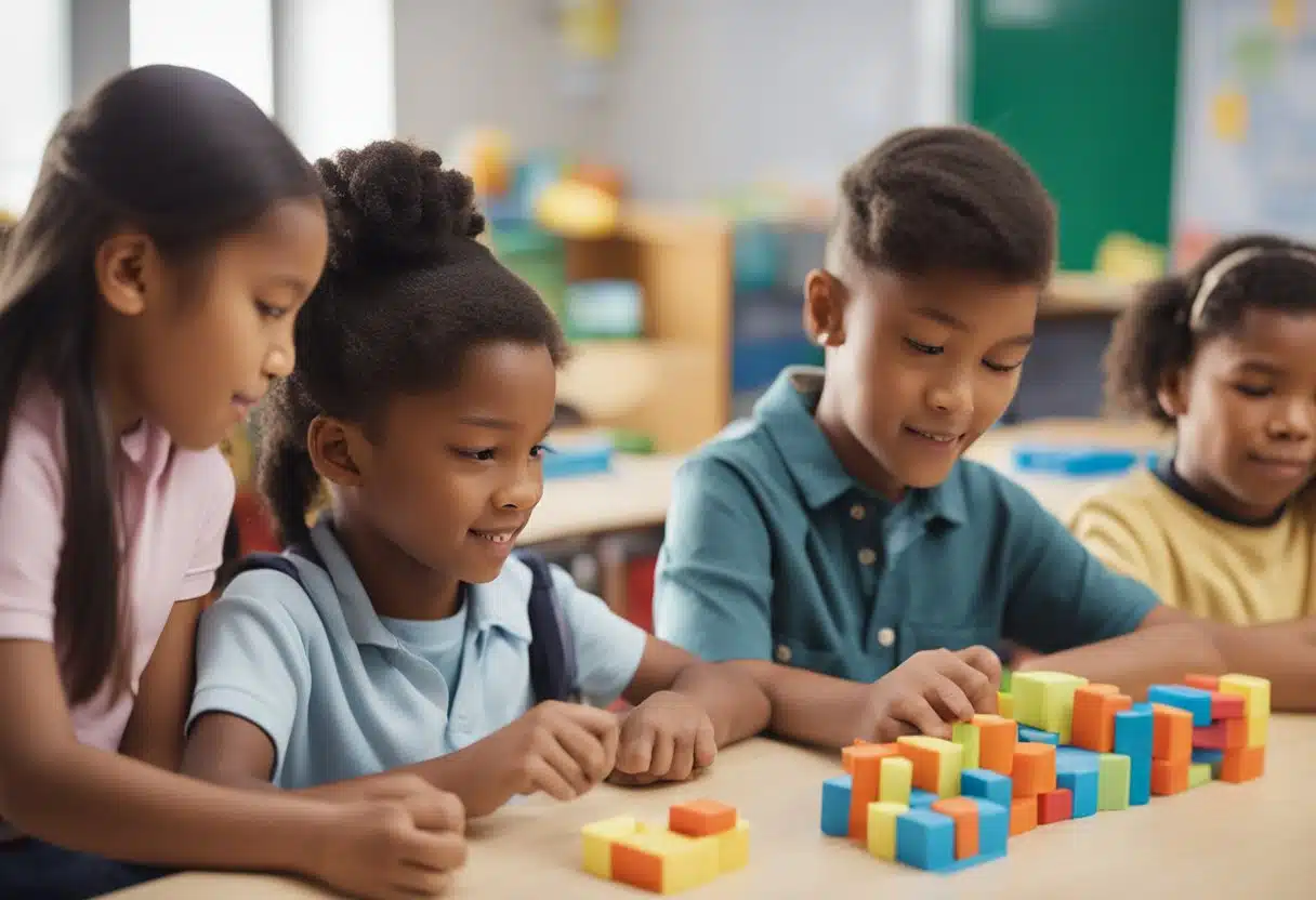 A classroom with children engaged in hands-on math activities, using manipulatives and visual aids to solve problems and develop reasoning skills
