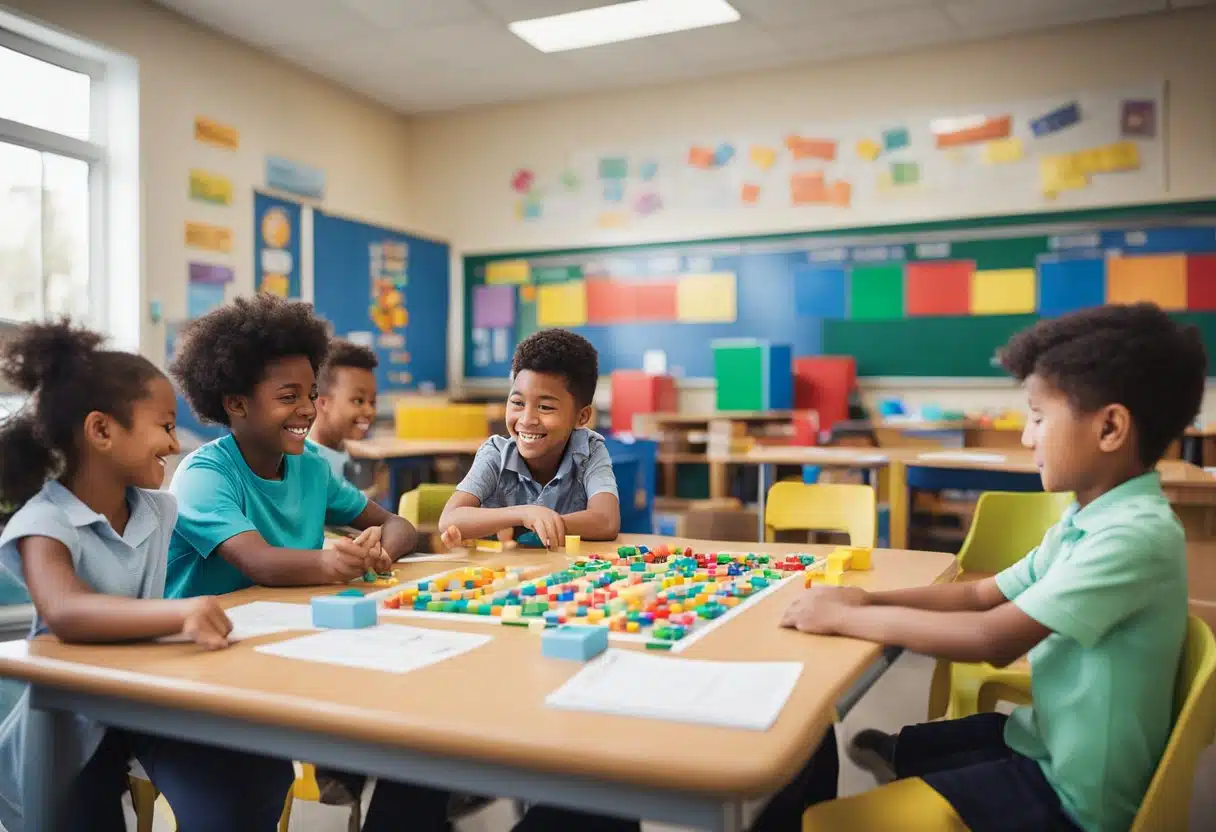 A colorful classroom with math manipulatives and charts, children engaged in small group activities, teacher facilitating discussions