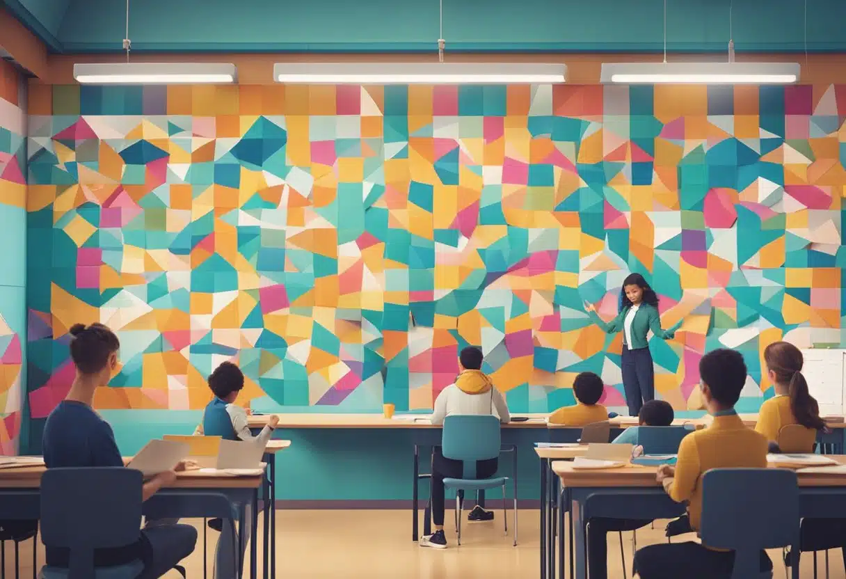 A classroom with colorful geometric shapes on the walls, students engaged in hands-on activities, and a teacher using visual aids to explain mathematical concepts