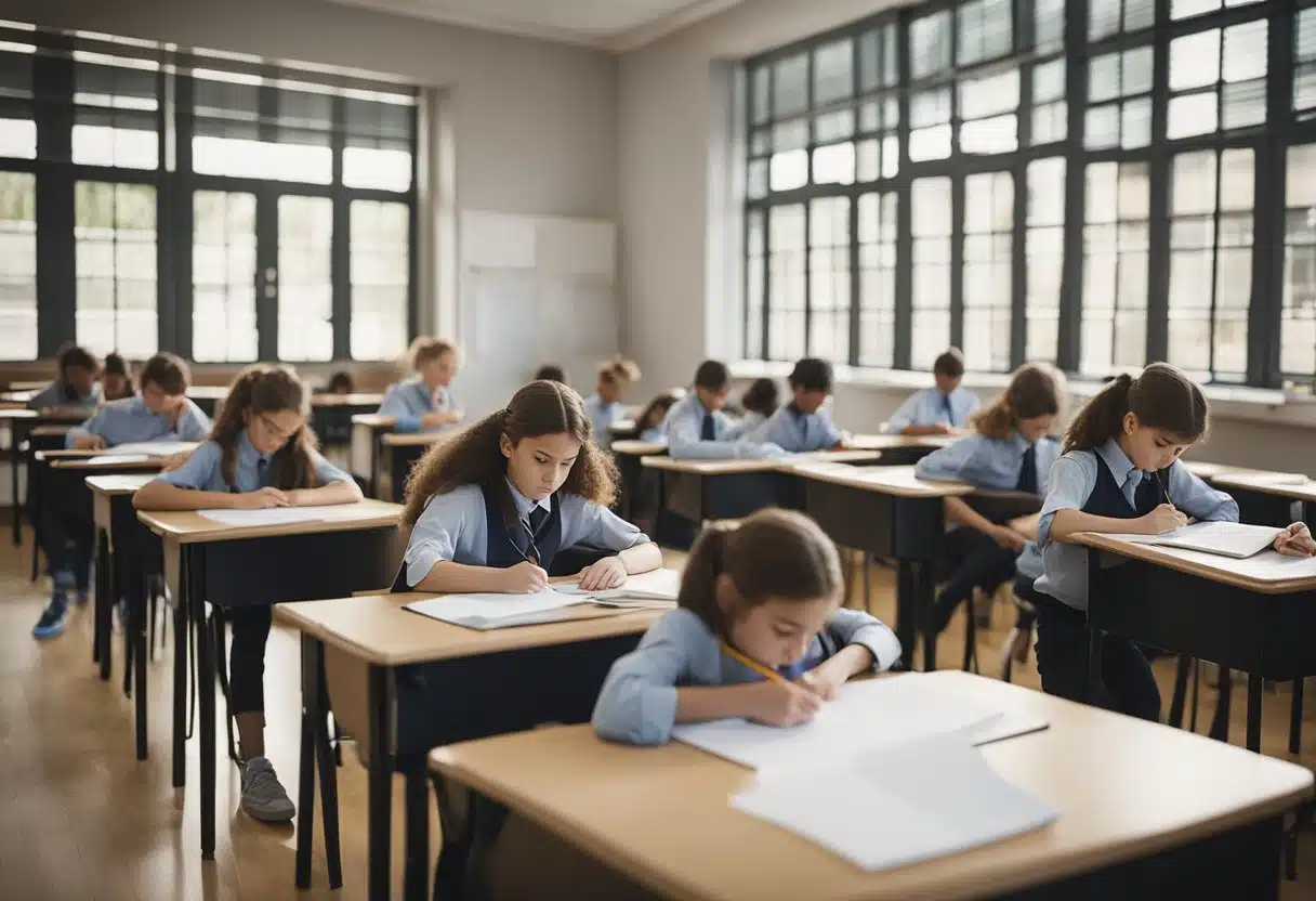 A classroom filled with tense students, pencils scratching on paper, as they complete their Year Six SATs. An atmosphere of pressure and anxiety hangs in the air