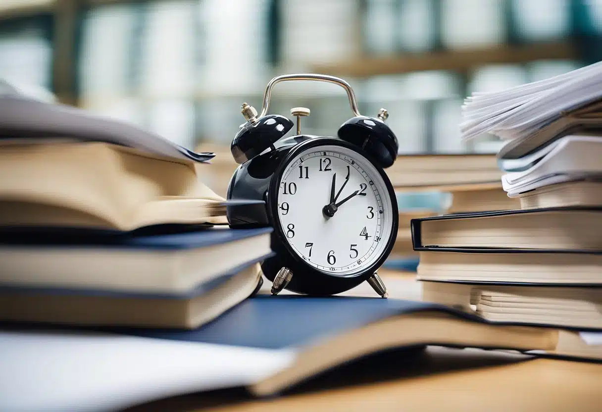A stack of Year 6 SATs papers sits on a desk, surrounded by textbooks and study notes. A clock on the wall shows the time ticking away, adding to the pressure of the looming exams