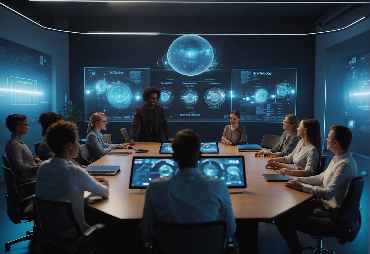 A futuristic classroom with holographic displays, AI teaching assistants, and students using virtual reality headsets. The teacher is utilizing advanced technology to engage and educate the students
