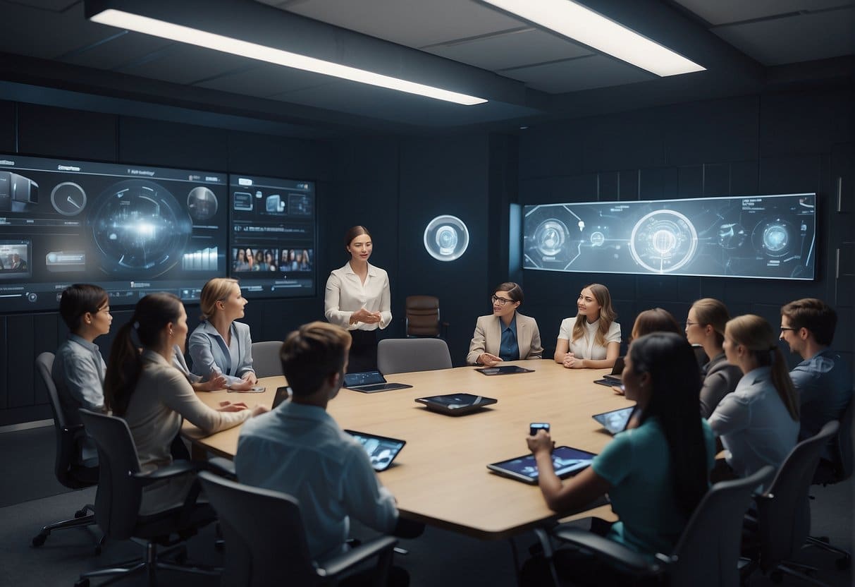 A futuristic classroom with holographic displays, AI teaching assistants, and students using virtual reality headsets to interact with educational content