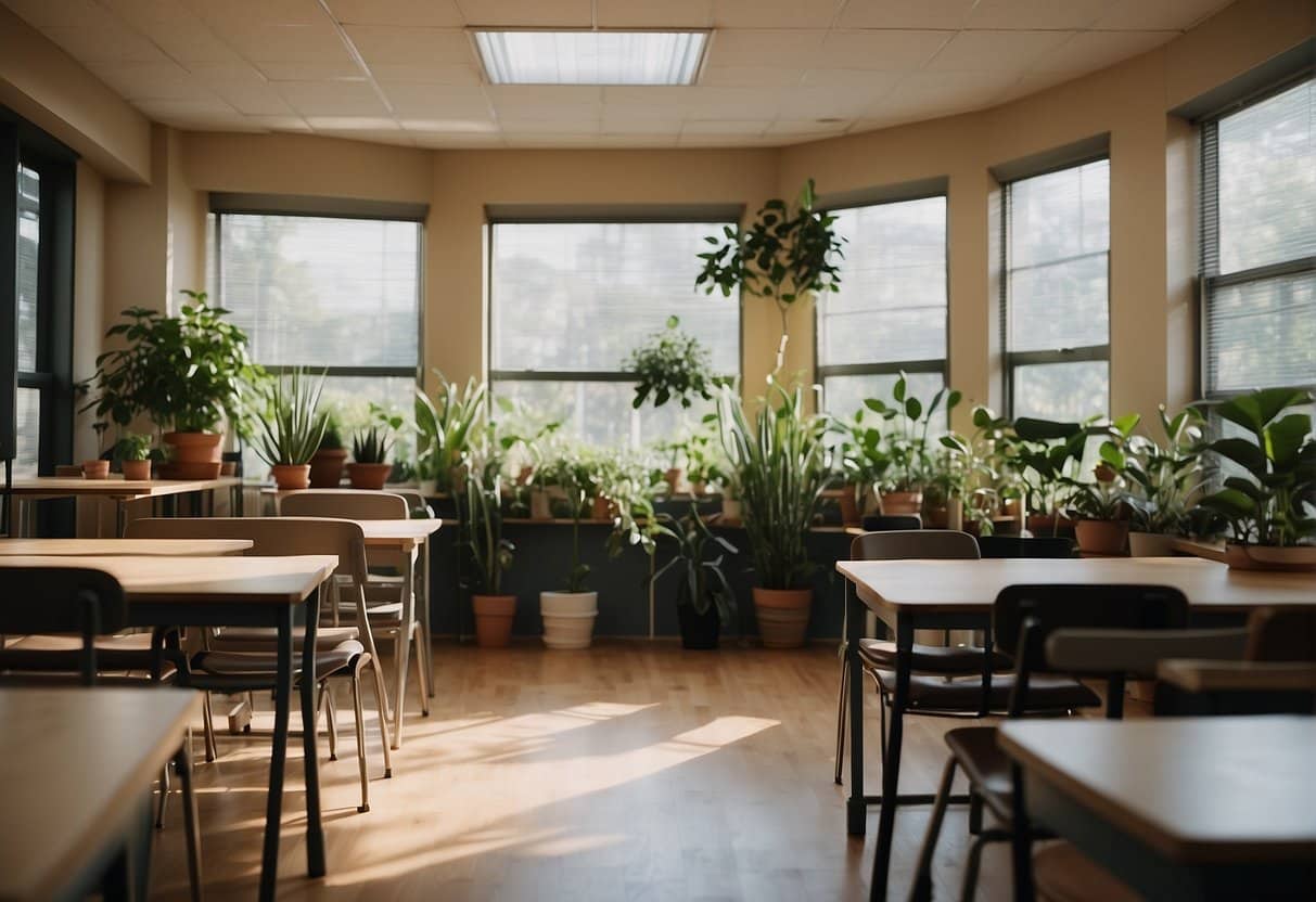 A serene classroom with plants, natural light, and calming colors. A cozy teacher's corner with a comfortable chair and a peaceful atmosphere