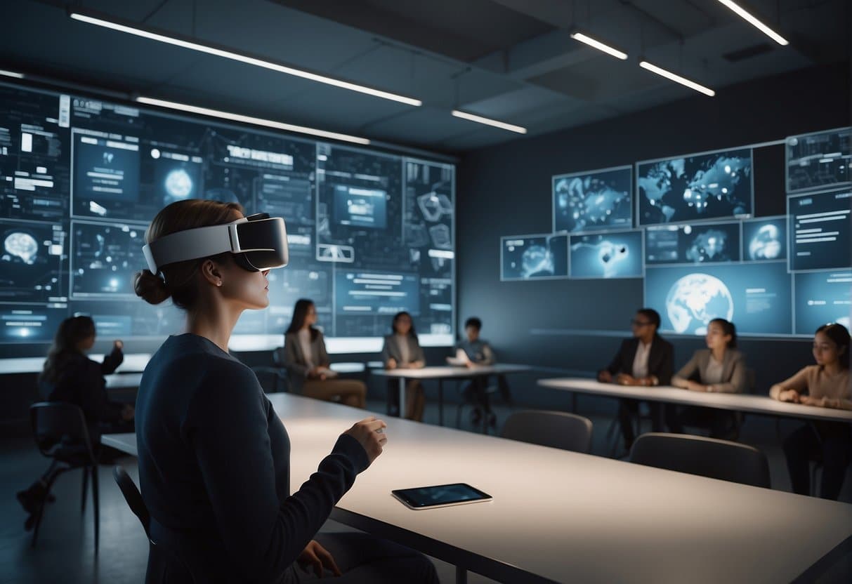 A classroom with digital screens, holographic projections, and AI assistants. Students wearing VR headsets, interacting with virtual learning materials. The teacher using advanced technology to deliver lessons