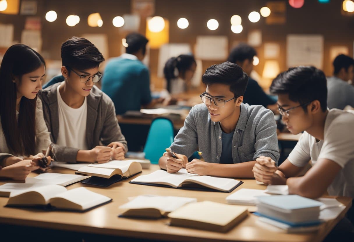 Students studying, books open, notes scattered, flashcards in hand, surrounded by posters, highlighters, and pens